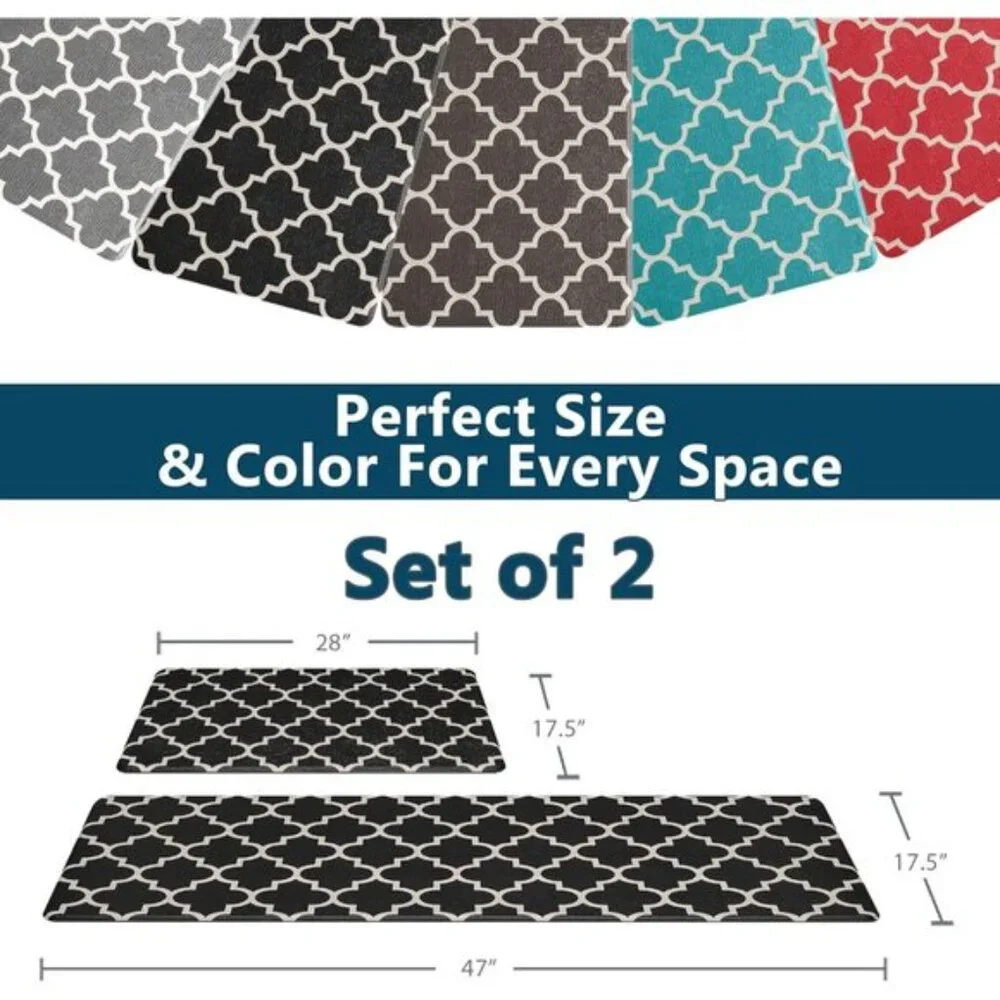 New Black Kitchen Mats, 2Pcs Anti-Fatigue Cushioned Non-Slip Waterproof Rug Set